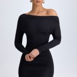 Modal Off-Shoulder Ruched Mini Dress in Black - Image 5