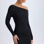 Modal Off-Shoulder Ruched Mini Dress in Black - Image 7