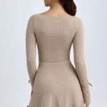 Modal Square-Neck A-Line Mini Dress in Taupe - Image 2