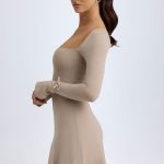 Modal Square-Neck A-Line Mini Dress in Taupe - Image 3