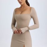 Modal Square-Neck A-Line Mini Dress in Taupe - Image 6