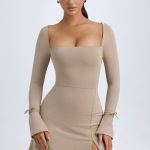 Modal Square-Neck A-Line Mini Dress in Taupe - Image 7