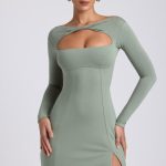 Modal Twist-Front Long-Sleeve Mini Dress in Sage Green