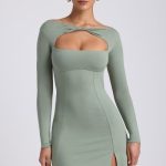 Modal Twist-Front Long-Sleeve Mini Dress in Sage Green - Image 5