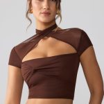 Mesh Cap Sleeve Cut Out Crop Top in Espresso