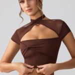 Mesh Cap Sleeve Cut Out Crop Top in Espresso - Image 4