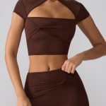 Mesh Cap Sleeve Cut Out Crop Top in Espresso - Image 5