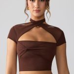 Mesh Cap Sleeve Cut Out Crop Top in Espresso - Image 6
