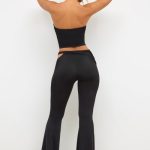 Petite Premium Jersey Rose Detail Mid-Rise Flare Trousers in Black - Image 2
