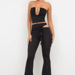 Petite Premium Jersey Rose Detail Mid-Rise Flare Trousers in Black - Image 6