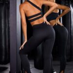 Petite High Waist Split Flare Ribbed Leggings in Black - Image 2