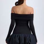 Modal Off-Shoulder Bubble Hem Mini Dress in Black - Image 2