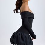 Modal Off-Shoulder Bubble Hem Mini Dress in Black - Image 3