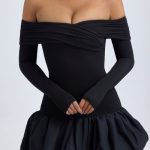 Modal Off-Shoulder Bubble Hem Mini Dress in Black - Image 4