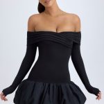 Modal Off-Shoulder Bubble Hem Mini Dress in Black - Image 5