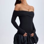 Modal Off-Shoulder Bubble Hem Mini Dress in Black - Image 7