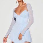 Embellished Long Sleeve Angled Hem Mini Dress in Blue