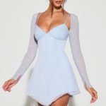 Embellished Long Sleeve Angled Hem Mini Dress in Blue - Image 6