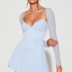 Embellished Long Sleeve Angled Hem Mini Dress in Blue - Image 10