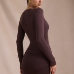 Modal-Cashmere Blend Draped Long-Sleeve Mini Dress in Espresso - Image 7