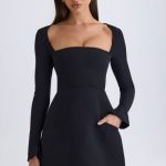 Square-Neck Structured Tulip Mini Dress in Black