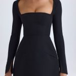Square-Neck Structured Tulip Mini Dress in Black - Image 2