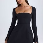 Square-Neck Structured Tulip Mini Dress in Black - Image 6
