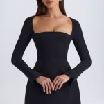 Square-Neck Structured Tulip Mini Dress in Black - Image 7