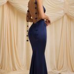 Bow-Detail Draped Open-Back Gown in True Navy