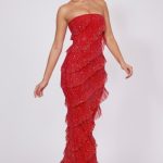 Embellished Strapless Ruffle Maxi Dress in Fire Red