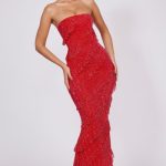 Embellished Strapless Ruffle Maxi Dress in Fire Red - Image 8
