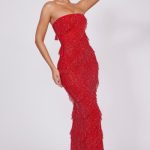 Embellished Strapless Ruffle Maxi Dress in Fire Red - Image 9