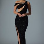 Embellished Asymmetric Cut-Out Gown in Black - Image 5