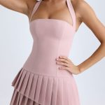 Asymmetric Layered Halterneck Mini Dress in Pink Mauve - Image 2