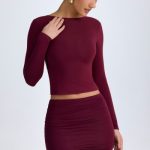 Modal High-Neck Open-Back Top in Wine Red