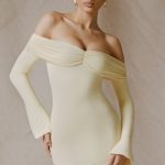 Modal-Cashmere Blend Off-Shoulder Ruched Mini Dress in Butter Yellow