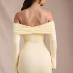 Modal-Cashmere Blend Off-Shoulder Ruched Mini Dress in Butter Yellow - Image 3