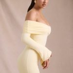 Modal-Cashmere Blend Off-Shoulder Ruched Mini Dress in Butter Yellow - Image 4