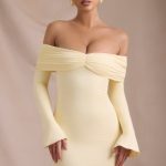 Modal-Cashmere Blend Off-Shoulder Ruched Mini Dress in Butter Yellow - Image 5