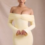 Modal-Cashmere Blend Off-Shoulder Ruched Mini Dress in Butter Yellow - Image 6