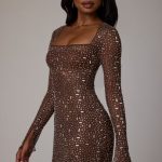 Sheer Embellished Long Sleeve A-Line Mini Dress in Deep Cocoa - Image 3