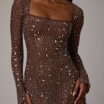 Sheer Embellished Long Sleeve A-Line Mini Dress in Deep Cocoa - Image 5