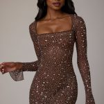 Sheer Embellished Long Sleeve A-Line Mini Dress in Deep Cocoa - Image 7
