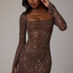 Sheer Embellished Long Sleeve A-Line Mini Dress in Deep Cocoa - Image 8