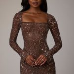 Sheer Embellished Long Sleeve A-Line Mini Dress in Deep Cocoa - Image 9