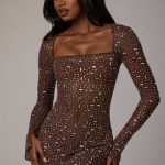 Sheer Embellished Long Sleeve A-Line Mini Dress in Deep Cocoa - Image 10