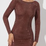 Embellished High Neck Cowl Back Mini Dress in Espresso - Image 4