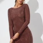 Embellished High Neck Cowl Back Mini Dress in Espresso - Image 7