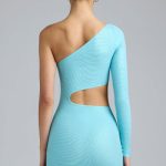 Metallic Cut-Out One-Shoulder Mini Dress in Ice Blue - Image 2