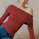 Ribbed-Knit Asymmetric Off-Shoulder Jumper in Brick Red - Image 2